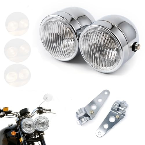 APEBAZY Motorrad Doppelscheinwerfer chrom mit Halterung doppelte runde Frontleuchte für Bobber Street Fighter Naked Cafe Racer Dominator