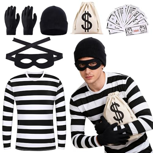 Räuber Kostüm Herren, 6 Stück Bankräuber Kostüm Zubehör, Karneval KostümHerren mit T-Shirt Hut Handschuhen Taschen und Augenmaske, Bankräuber DiebKostüm, Dieb KostümErwachsene für Karneval Cosplay