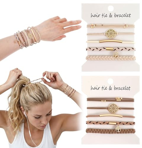 Prasacco 10 Stück Haargummi Damen, Haargummi Armbänder für Damen Elastische Geflochtene Haargummis für Mädchen Boho Haargummis Geflochtener Zopfgummi mit Perlen fur Langes Haar(Cremeweiß, Aprikose)