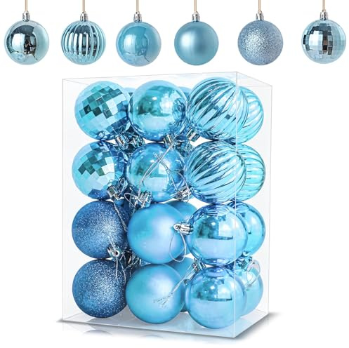 24Pcs Baby Blue Baubles for Christmas Tree Decorations,60mm/2.36 Large Xmas Bauble Hanging Ball,Christma Balls Ornaments with String,Shatterproof Ice Blue Christmas Baubles for Xmas Tree Party Decor