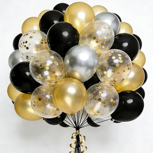100pcs Luftballons Gold Schwarz,Schwarz Gold Silber Luftballons mit Gold Konfetti Ballon,Party Latex Ballons für Luftballon Girlande Hochzeit Baby Shower Geburtstag Party Deko