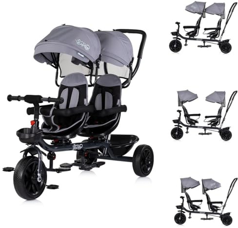 Chipolino Zwillingsdreirad Hip Hop, Zwei Kinder, bis 40 kg, Sitze 360° drehbar grau/schwarz