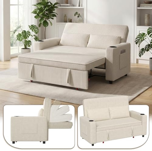 Devoko 2-Sitzer Schlafsofa 140 cm breit, Modernes Sofa mit Schlaffunktion, Ausziehbare Schlafcouch mit Verstellbarer Rückenlehne, Platzsparendes Klappsofa für Wohnzimmer, Beige