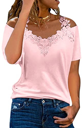 Nuqqichongtian Shirts Damen Sommer,T Shirt Damen V-Ausschnitt Oberteile Schulterfrei Tops Sommer Kurzärmeliges Casual Tee Shirts Bluse Schulterfrei Ausschnitt Spitze Kurzärmelig Blusenshirt Rosa M