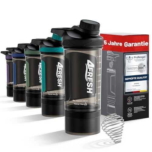 4FRESH Protein Shaker Flasche 500ml aus Tritan - BPA-Frei mit Skala & Magnetverschluss, Premium Eiweißshaker mit Spiralmixer & Aufbewahrungsbox für Pulver & Kapseln, Ideal für Fitness & Gym
