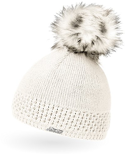 Neverless® gefütterterte Damen Strickmütze mit Fell-Bommel, Kunstfell, Winter-Mütze, Bommelmütze, Creme Unisize