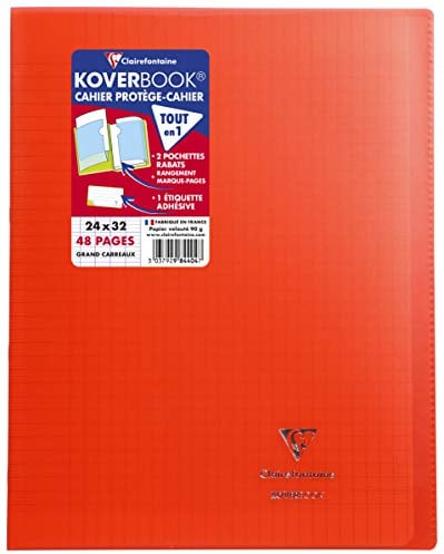 Clairefontaine 984404C - Schulheft / Heft Koverbook DIN A4+ 24x32 cm 24 Blatt 90g, französische Lineatur, Einband aus transparentem Polypropylen, robust, geheftet, Rot, 1 Stück