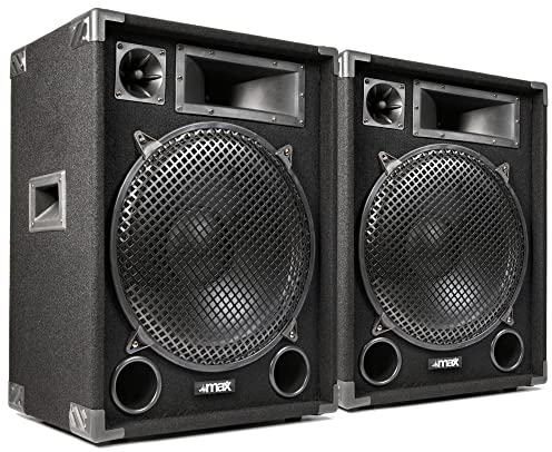 MAX MAX15 - Passiver Lautsprecher, 2er Set 1000 Watt mit je 15 Zoll Tieftöner, Partyboxen mit Griffe, Passive DJ Boxen Partylautsprecher, Disco Lautsprecherbox in Schwarz