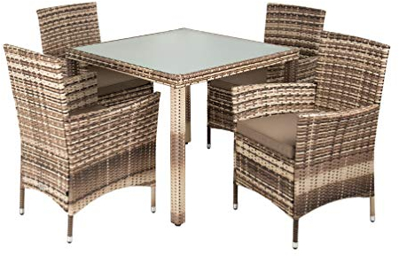 ESTEXO Polyrattan Gartenmöbel Set Sitzgruppe Rattan Gartenset Essgruppe Stuhl Tisch Set Garten Tisch und Stuhl Set 4 Personen Glas Glastisch (Beige-Braun)