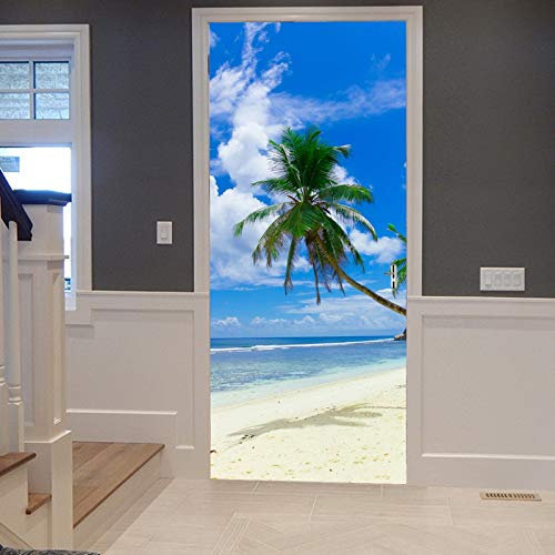 A.Monamour Sticker Porte Autocollant Poster de Porte 3D Cocotier Plage De Sable Bleu Océan Nuages Blancs Nature Vinyle Affiche de Porte Sticker Mural Papier Peint Art Décor 90 x 200 cm
