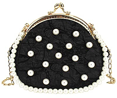 MEGAUK Damen Elegante Perlen Handtasche Muscheln Satin Clutch Abendtasche Henkeltasche Crossbody Bag mit Perlen Metall Gurt Kisslock Design, Schwarz