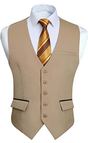 HISDERN Chaleco Traje Caqui Hombre Boda Chalecos de Vestir Original Chaleco Elegante de Fiesta Negocio con Bolsillos L