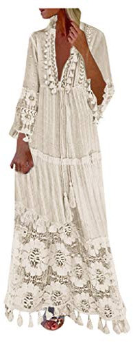 Ni_ka Robe Boheme Chic Jupe Longue FrangéE en Dentelle à Encolure en V Dress Femme Sexy Rose Taille S à 4XL Beige 44581 M