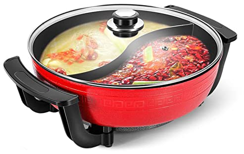 Hot Pot - Pentola elettrica 6 litri, 1300 W, doppio shabu shabu con parete divisoria e coperchio in vetro, multifunzione, 6 litri
