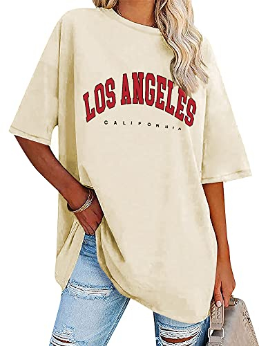 Dresswel Oversized T Shirt Damen Los Angeles California Brief drucken Vintage T-Shirt Kurzarm Rundhals Sommer Oberteile Lose Bluse Lang Tunika Top für Teenager Mädchen