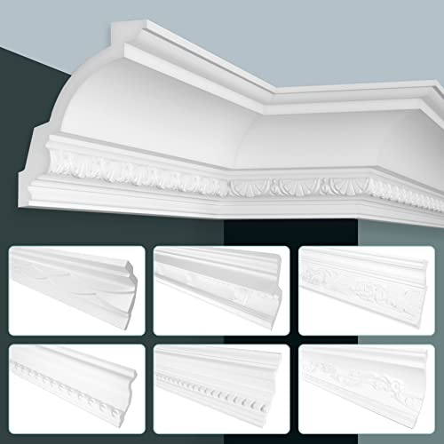 GRAND DECOR Stuckleisten Decke Barock Stil, PU Hartschaum weiß - 2m Deckenleisten gemustert Eckprofile Kranzleisten Deckenzierleisten (2 Meter C704)