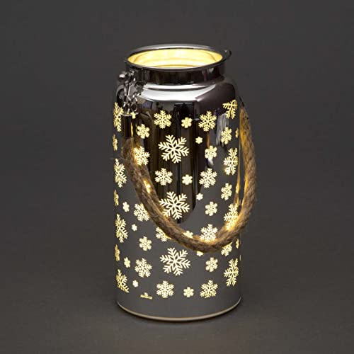 SHATCHI 20cm Christmas Decorated Jar Table Lamp Etched Glass Tube Snowflakes Design Silver Lantern LED Fairy Lights Battery Operated