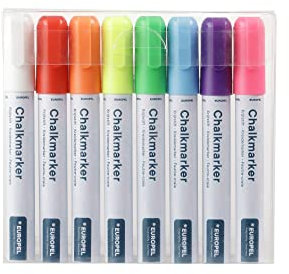 Europel Pennarelli a gesso liquido, punta da 6 mm, per superfici non porose, confezione da 8 pennarelli in colori assortiti, cancellabili a secco e cancellabili a secco, per lavagne, lavagne,