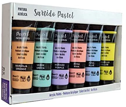 TIENDA EURASIA - Pack 6 Tubos Pinturas Acrilicas, Set Pintura Acrilica con 6 Colores, Acabado Satinado, Fluor, Metalizado o Pastel, Pinturas Acrilicas para Lienzos o Manualidades de 35 ml (Pastel)