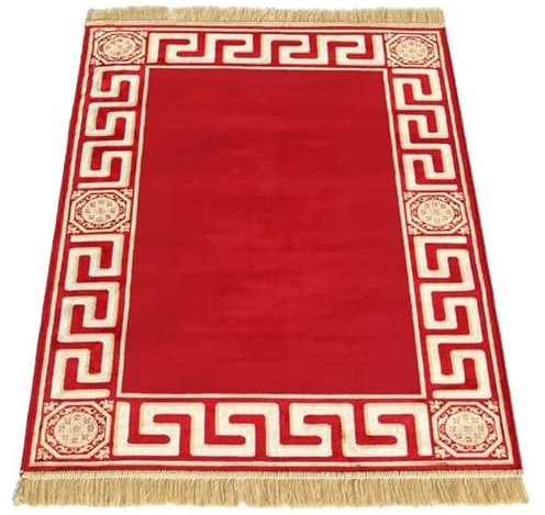 Belle Arti Premium Teppich Kurzflor Kurzflorteppich Wohnzimmerteppich 160x230 Mäander Design in Rot Gold - mit Fransen rutschfest Seidenoptik 100% Viskose öko tex - rot, 160x230 cm