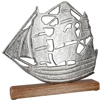 GILDE Deko Skulptur Figur Segelschiff - Segelboot hergestellt aus Aluminimum, auf Mangoholz Sockel - Maritime Deko Bad Gäste WC - Farben: Silber Braun - 26 x 25 x 5 cm
