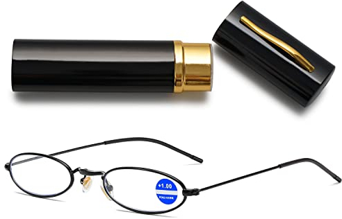 VEVESMUNDO Kleine Blaulichtfilter Lesebrille Damen Herren Metall Mini Schmal Kompakt Anti Blaulicht Lesehilfe Brille mit Metall Etui (1 Stück Schwarz Lesebrille, 2.5)