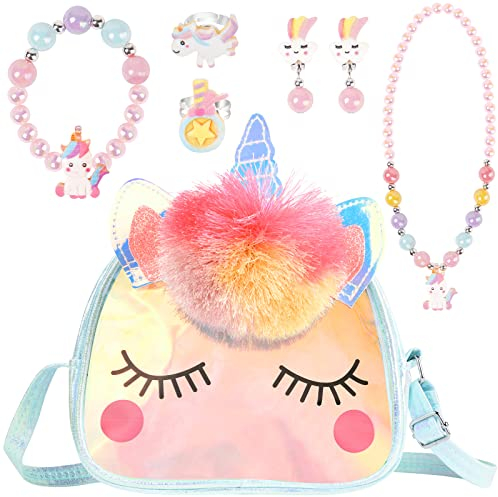 OSDUE Einhorn Handtaschen, Schmuckset für Mädchen, Unicorn Kette Halskette Armband Ring Schmuckset, für Party Dress Up Geschenk(Blau)