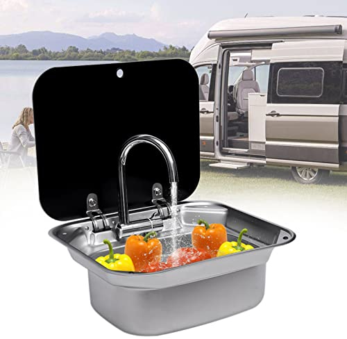Ensemble éVier Caravane Rv Lave Mains Rectangulaire Avec Couvercle Pour Camping Cars ÉVier Lavabo Acier Inoxydable Pour Caravane Bateau Robinet Plié