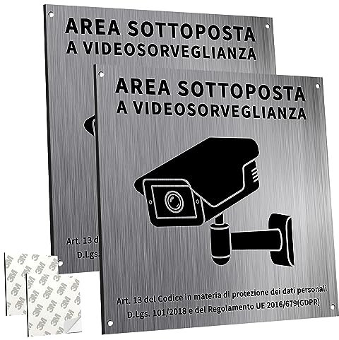 SPINNE LUCAS Cartello Area Videosorvegliata Alluminio con Avviso GDPR, 2 Pezzi Cartello 15x15cm, Fori Preforati, Spazzolato, Impermeabile, per Casa e Negozio, Interno ed Esterno