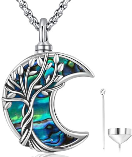 Friggem Collar Cenizas, Colgante Urna Árbol la Vida para plata de ley 925, Collar Cremación Luna con Joyería Conmemorativa, Aplicable Collar Conmemorativo para mamá mujer mascota