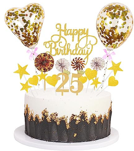 Daimay Tortenaufsätze Geburtstag Tortendeko Cake Topper Kuchen Deko Happy Birthday kuchendeko Boho Torten Topper Cupcake Muffin Topper Ballon Glitter Stern Konfetti Luftballon - Gold 25