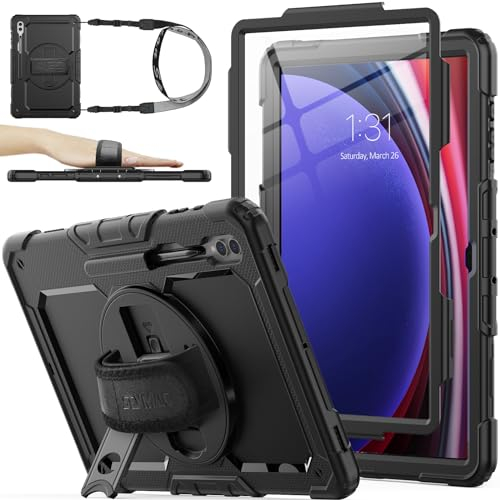 SEYMAC stock for Samsung Galaxy Tab S10 Ultra Case 14.6 inch, S8/S9 Ultra Case Shockproof Cover with Screen Protector, 360° Rotating Stand/Hand Strap, Pen Holder & Shoulder Strap, Black
