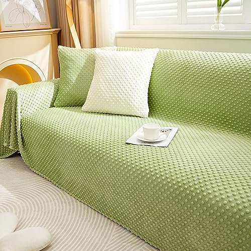 Mesnt Sofabezug 4 Sitzer Big Sofa, Chenille Sofaschoner Überwurfdecke Sofaschutz für Katze/Hunde Einfarbig mit strukturierten Punkten Grün, 180x320CM