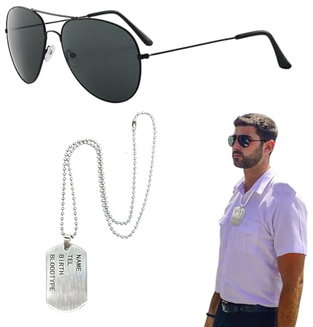 EUPSIIU 2 Stück Flieger Captain Kostüm für Männer Damen Armee Taktische Militärmütze Accessoires Sonnenbrille Erkennungsmarke Armee Captain Fancy Dress für Zubehör Halloween Kostüm dress up