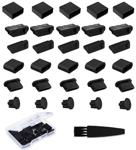 USB Cover Port Plug Caps - 30Pcs 6 Type Silicone Anti Dust Cover Laptop Port Protection Stoppers for USB Type-C, Headphone Port, HDMI, USB Type-A Plugs with Cleaning Brush Kit
