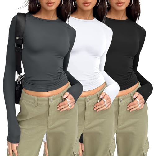 AUTOMET 3 Pack Womens Long Sleeve Shirts Black White Gray S
