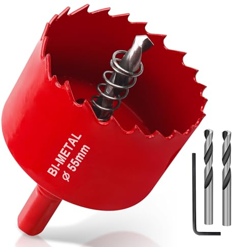 Yeepeo Lochsäge 55mm, Universal HSS M42 Bi-Metall Lochsägen, Lochkreissäge mit Sechskant-Schaft und Bohrer Lochbohrer Set Bohrkrone für Holz, Rigips, Trockenbau, Kunststoffe, 1 Stück Rot