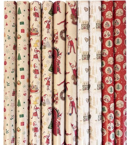 arkamii, Geschenkpapier, 10 Rollen, Kraftpapier, 2 m x 70 cm, braun, Recyclingpapier, Weihnachtsmotiv (R18)