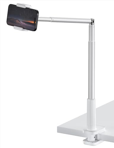 SupeDesk ausziehbarer Handyhalter,C-Klemme Handyhalterung Tisch,für 3,5-6,7 Zoll Handys,Höhe Winkel verstellbar,360° drehbar,Aluminiumlegierung,leicht,robust,Overhead-Aufzeichung,für Bett und Sofa