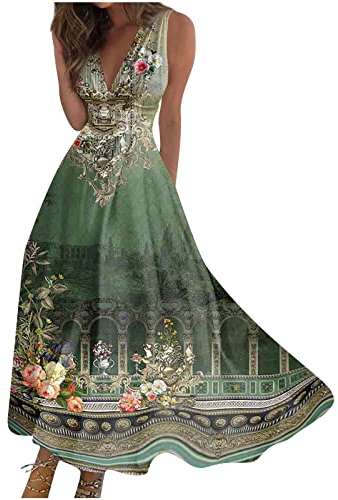 Generisch Kleider Damen, Boho Kleid Sommer Outfits Damen Maxikleid Sommerkleider Strandkleider Kleider Lang Kimono Damen Sexy Abba Kostüm Elegantes Outfit Korsett Kleid Modest Dress (1-Grün,M)