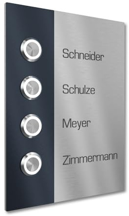 Graviers Design Mehrfamilienhaus Klingel mit LED Klingeltaster 4 Namen Gravur - V2A Edelstahl Türklingel 140x185 mm - Unterputz wählbar Aufputz für Haustür 4-fach