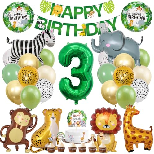 Dschungel Deko 3 Geburtstag, Dschungel Geburtstagsdeko 3 Jahr, Safari Tiere Folienballon 3, 41 Stück Waldtiere Luftballon Dekoration, Waldtiere Grüner Luftballon für Mädchen Junge Kinder
