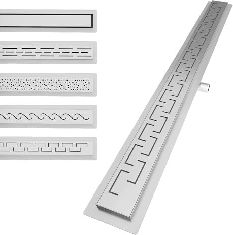 Aquamarin® Duschrinne - 80 cm, Komplettset, mit Siphon, Haken, verstellbare Füße, aus Edelstahl, Gebürstet, Flach, Griechisch - Duschablauf Linear, Bodenablauf, Ablaufrinne, Duschabfluss, Ablauf