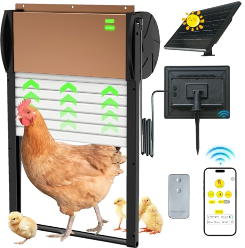 Automatische Hühnerklappe Solar, Solarbetriebener Öffner, mit Timer, Lichtsensor, APP/Fernbedienung, Anti-Pinch Design Aluminium elektrische hühnerklappe, Wetterfeste Hühnerklappe Türöffner-Braun