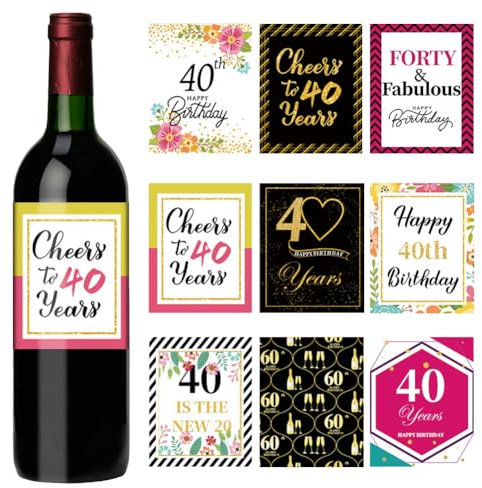 36PCS pegatinas para botella de 40 cumpleaños,etiquetas para botellas de cumpleaños y lazos de regalo,40 Feliz Cumpleanos Vino Whisky Botella Etiqueta Adhesiva (12.7cm*10cm)