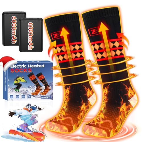 AHOZEE Heated Socks, 5V/6000mAh Rechargeable Heated Socks for Men Women, Unisex Electric Heating Socks with Upgraded 360° Heating Area, Washable Winter Foot Warmers for Skiing, Camping, Hiking