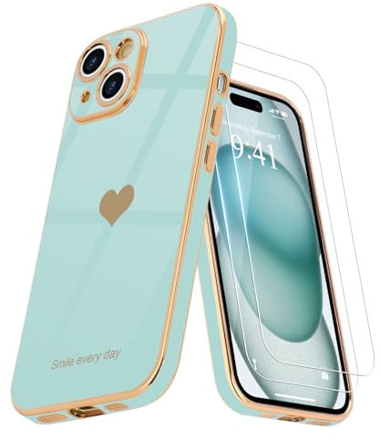 Teageo Kompatibel mit iPhone 15 Hülle + 2 Stück Schutzfolie, Mädchen Herz Styling Hülle Galvanisierte Weich TPU Handyhülle Kameraschutz Kratzfest Phone Case für iPhone 15, Juwel Grün