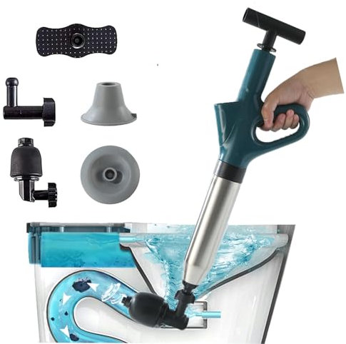 FUGOCOOG Set di sbloccatore per scarico ad aria per WC ad alta pressione con 4 testine sostituibili per sbloccare il lavello della cucina, sbocciare vasca da bagno, tubo del pavimento, lavabo