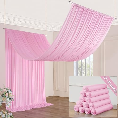 Deckenvorhang für Hochzeiten, Partys, 12 Paneele, 15 x 60 m lang, knitterfreie Seide, einfach zu drapieren und aufzuhängen, rosa Vorhänge für Veranstaltung, Kirche, Bühne, Foto, Schlafzimmer, 1,8 m ×