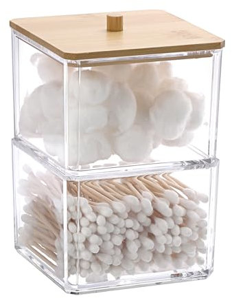 OGANAZI 2 Stück Acryl Wattepads Box Stapelbar Wattestäbchen Behälter Klein Schminktisch Organizer Klar Aufbewahrungsbox mit Bambusdeckel für Beauty-Ei, Kosmetik, Schreibwaren, Haarbänder (Quadrat)
